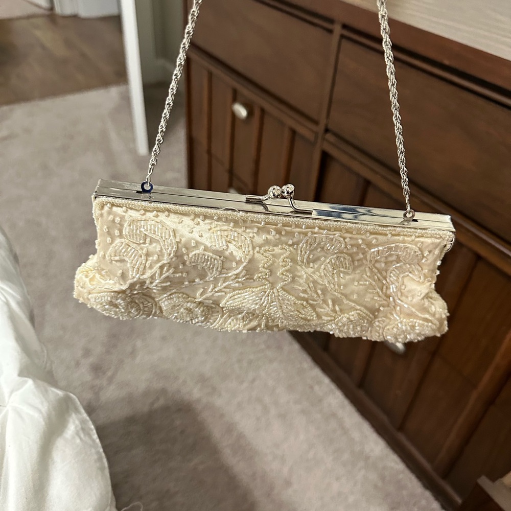 Cache Cream and Silver Beaded Clutch with Chain Strap